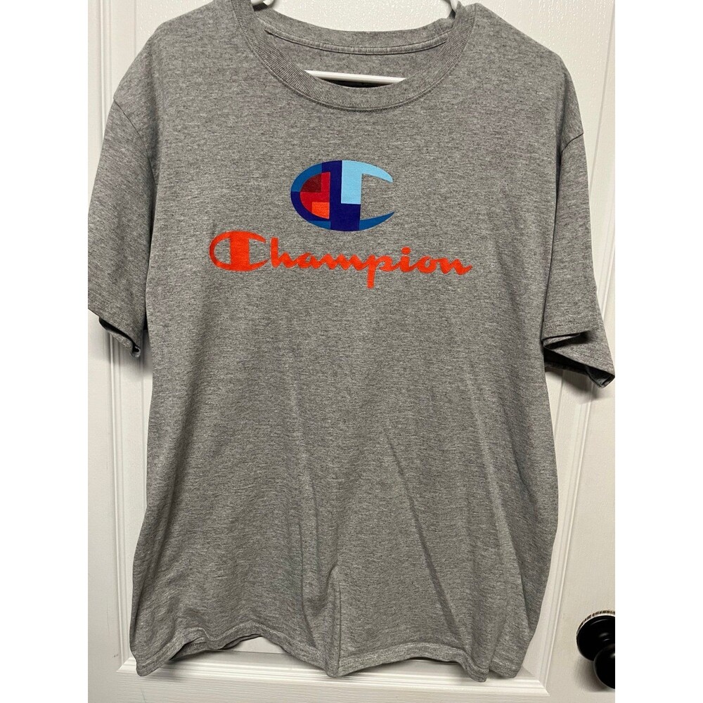 Vintage Champion Embroidered Logo T-Shirt Gray Short Sleeve Tee Size Large